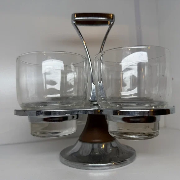 MCM Vintage Barware 1960s Chrome Caddy & Rotating Lazy Susan Set of 4 Glasses - Picture 8 of 9